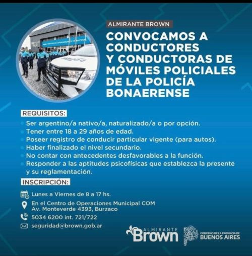 Convocan a la inscripción de conductores para los móviles de la Policía bonaerense